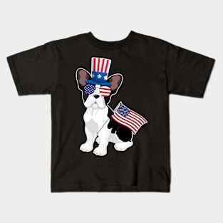 French Bulldogs Uncle Sam Hat Sunglasses Usa Flag 4th Of July Kids T-Shirt